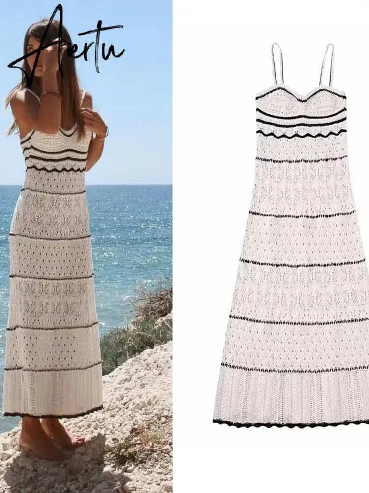 Summer New Dress Women's Beach Style Knitted Slim Fit Slim Strap Long Dresses Color Knitted Hollow Elegant Tight Vestidos Aiertu