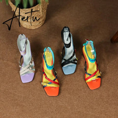 Summer New European America Fashion Style Metal Strange Heels Peep Toe Cut Out Back Strap Bling Women Gladiator Sandals Aiertu