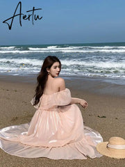 summer new lady ruffle edge off shoulder dress sweet fashion sexy long robe femme pink women slim elegant charming fairy dresses Aiertu