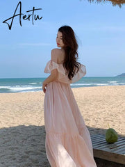 summer new lady ruffle edge off shoulder dress sweet fashion sexy long robe femme pink women slim elegant charming fairy dresses Aiertu