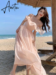 summer new lady ruffle edge off shoulder dress sweet fashion sexy long robe femme pink women slim elegant charming fairy dresses Aiertu