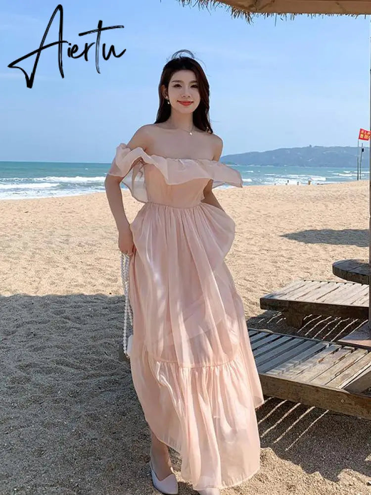summer new lady ruffle edge off shoulder dress sweet fashion sexy long robe femme pink women slim elegant charming fairy dresses Aiertu
