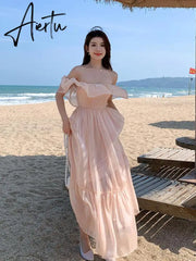 summer new lady ruffle edge off shoulder dress sweet fashion sexy long robe femme pink women slim elegant charming fairy dresses Aiertu