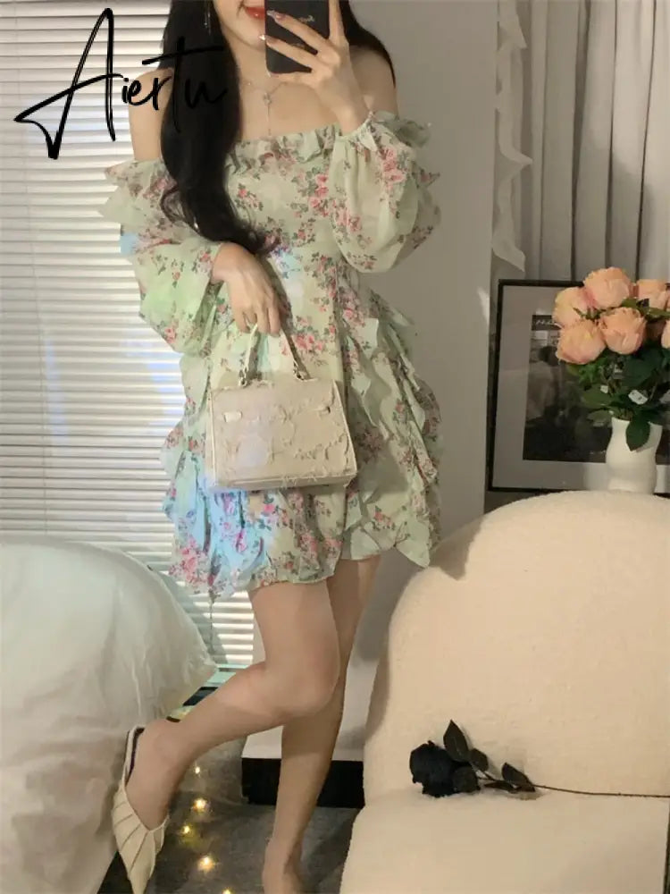 Summer New Off Shoulder Strap Dress Women Floral Short Dress Long Sleeve Bohemian A-line Beach Dress Robe Femme Clothing Aiertu