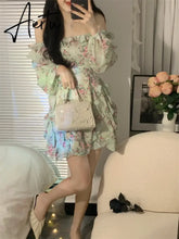 Summer New Off Shoulder Strap Dress Women Floral Short Dress Long Sleeve Bohemian A-line Beach Dress Robe Femme Clothing Aiertu
