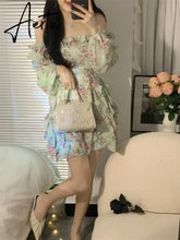 Summer New Off Shoulder Strap Dress Women Floral Short Dress Long Sleeve Bohemian A-line Beach Dress Robe Femme Clothing Aiertu