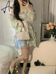 Summer New Off Shoulder Strap Dress Women Floral Short Dress Long Sleeve Bohemian A-line Beach Dress Robe Femme Clothing Aiertu