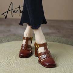 Summer New Shallow Rome Thick Med Heels Shoes Buckle Strap Genuine Leather Sandals Women Ladies Dress Shoes Women Sandals Aiertu