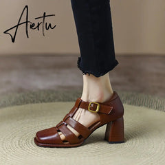 Summer New Shallow Rome Thick Med Heels Shoes Buckle Strap Genuine Leather Sandals Women Ladies Dress Shoes Women Sandals Aiertu