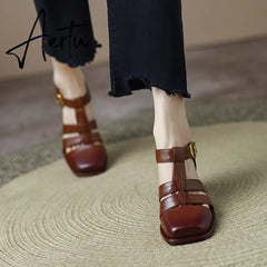 Summer New Shallow Rome Thick Med Heels Shoes Buckle Strap Genuine Leather Sandals Women Ladies Dress Shoes Women Sandals Aiertu