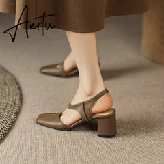 Summer New Simple Ladies Slingbacks Dress Shoes Back Strap Genuine Leather Square Toe Sandals Woman Thick High Heel Sandals Aiertu