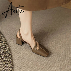 Summer New Simple Ladies Slingbacks Dress Shoes Back Strap Genuine Leather Square Toe Sandals Woman Thick High Heel Sandals Aiertu