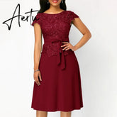 Summer New Women Fashion Lace Patchwork Maxi Dress with Belt Short Sleeve Knee Pure Solid Knee Length Vintage Party Dress Aiertu