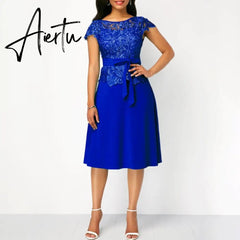 Summer New Women Fashion Lace Patchwork Maxi Dress with Belt Short Sleeve Knee Pure Solid Knee Length Vintage Party Dress Aiertu
