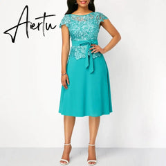 Summer New Women Fashion Lace Patchwork Maxi Dress with Belt Short Sleeve Knee Pure Solid Knee Length Vintage Party Dress Aiertu