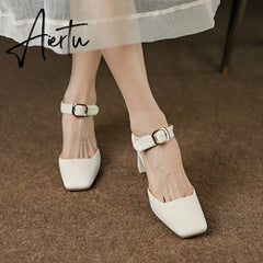 Summer New Women Shoes Square Toe High Heels Cover Heel Shoes Women Genuine Leather Women Sandals Concise Retro Mary Janes Aiertu