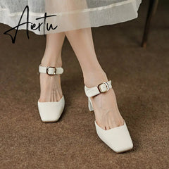 Summer New Women Shoes Square Toe High Heels Cover Heel Shoes Women Genuine Leather Women Sandals Concise Retro Mary Janes Aiertu