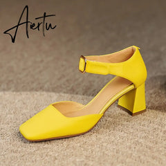 Summer New Women Shoes Square Toe High Heels Cover Heel Shoes Women Genuine Leather Women Sandals Concise Retro Mary Janes Aiertu
