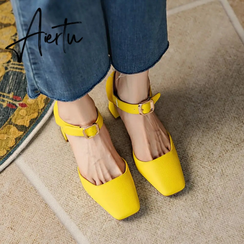 Summer New Women Shoes Square Toe High Heels Cover Heel Shoes Women Genuine Leather Women Sandals Concise Retro Mary Janes Aiertu