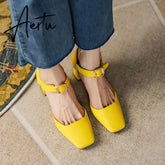 Summer New Women Shoes Square Toe High Heels Cover Heel Shoes Women Genuine Leather Women Sandals Concise Retro Mary Janes Aiertu