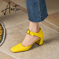 Summer New Women Shoes Square Toe High Heels Cover Heel Shoes Women Genuine Leather Women Sandals Concise Retro Mary Janes Aiertu