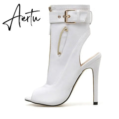 Summer New Womens Ankle Boots Sandals High Quality PU Leather Buckle Strap Zip Stiletto Heels Plus Size 35-40 Shoes Aiertu