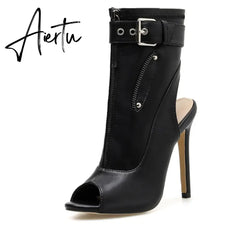 Summer New Womens Ankle Boots Sandals High Quality PU Leather Buckle Strap Zip Stiletto Heels Plus Size 35-40 Shoes Aiertu