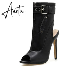 Summer New Womens Ankle Boots Sandals High Quality PU Leather Buckle Strap Zip Stiletto Heels Plus Size 35-40 Shoes Aiertu