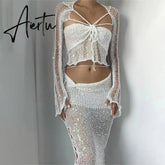 Summer New Women's Beaded Knitted Sweater 4-piece Set Women Cardigan Y2k Gothic Clothes Cardigan Crop Top Aiertu