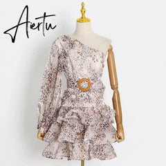 Summer New Women's Casual Holiday Dress Sexy Asymmetric Red Print Ruffle Short Skirt Fashion Elegant Ladies Clothing Aiertu