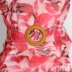 Summer New Women's Casual Holiday Dress Sexy Asymmetric Red Print Ruffle Short Skirt Fashion Elegant Ladies Clothing Aiertu