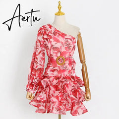 Summer New Women's Casual Holiday Dress Sexy Asymmetric Red Print Ruffle Short Skirt Fashion Elegant Ladies Clothing Aiertu