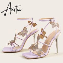 Summer New Women's Sandals Sexy Square Head Butterfly Word With Crystal Heel High Heel Sandals Nightclub Party Shoes Aiertu