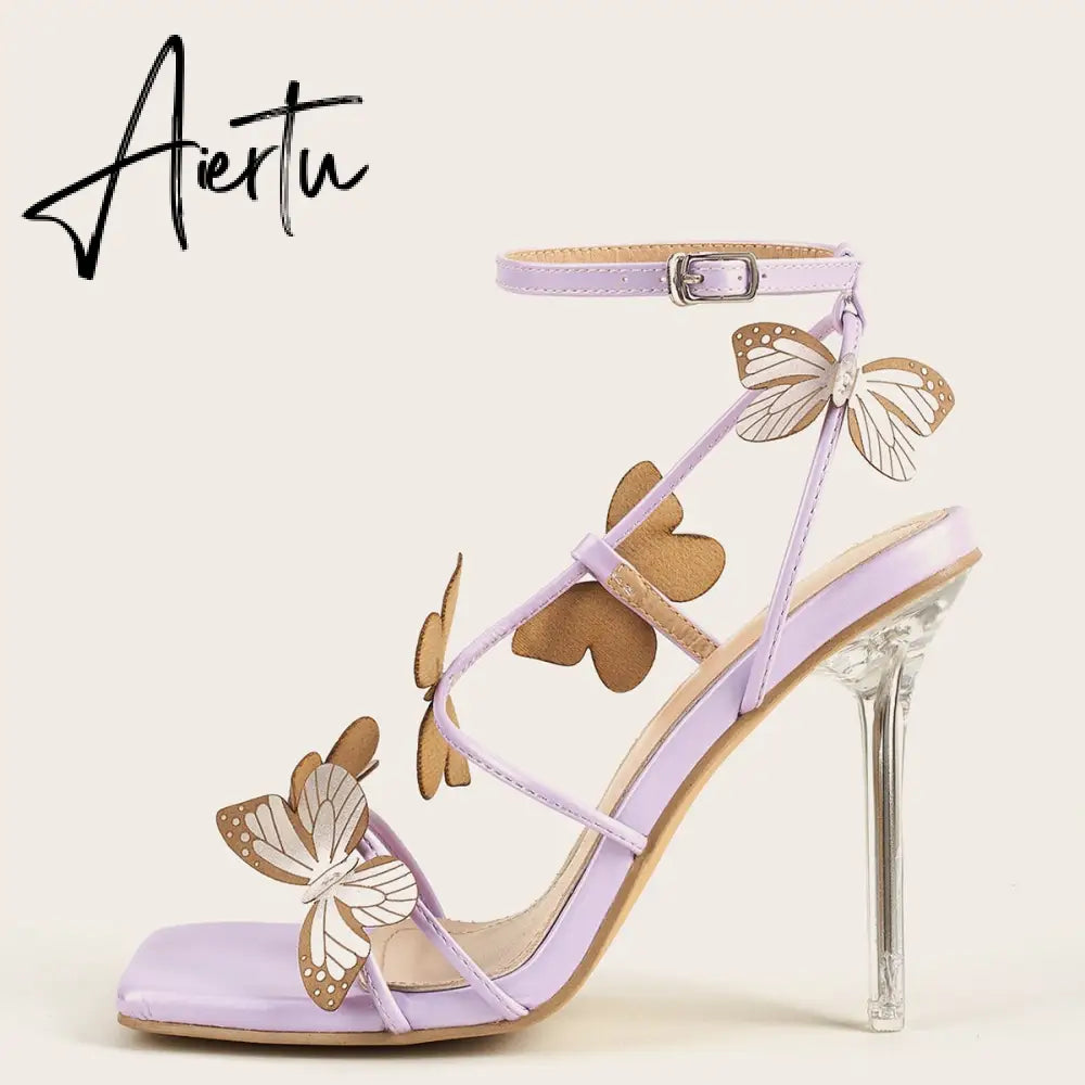Summer New Women's Sandals Sexy Square Head Butterfly Word With Crystal Heel High Heel Sandals Nightclub Party Shoes Aiertu