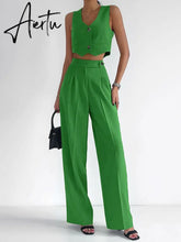 Summer Pajamas Set Women Outfits Cotton Linen Sexy Slim Buttons Crop Tank Tops Ladies 2 Piece Set Wide Leg Pants Suit Aiertu