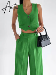 Summer Pajamas Set Women Outfits Cotton Linen Sexy Slim Buttons Crop Tank Tops Ladies 2 Piece Set Wide Leg Pants Suit Aiertu