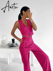 Summer Pajamas Set Women Outfits Cotton Linen Sexy Slim Buttons Crop Tank Tops Ladies 2 Piece Set Wide Leg Pants Suit Aiertu