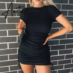 Summer Party Basic Dresses Ladies Short sleeve Womens Solid Bodycon Stretch Mini Dress O Neck Casual Slim Pencil Short Vestido Aiertu
