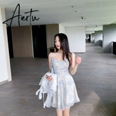 Summer Party Midi Elegant Dress Women Strap Sexy Design High Wasit Vintage Casual Dress Sleeveless Chiffon Sweet Dress Aiertu