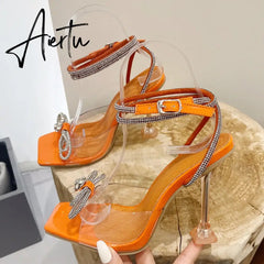 Summer Party Wedding Sandals Ladies Fashion Crystal Rhinestone Bowknot High Heels PVC Transparent Shoes Women Pumps Aiertu
