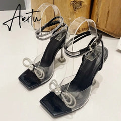 Summer Party Wedding Sandals Ladies Fashion Crystal Rhinestone Bowknot High Heels PVC Transparent Shoes Women Pumps Aiertu