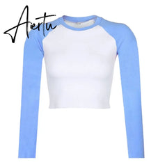 Summer Patchwork Cotton T-Shirt Women Cute Pink Sky Blue Crop Top T Shirt Ladies Short Tops Tee Shirt Tshirt Aiertu