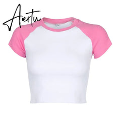 Summer Patchwork Cotton T-Shirt Women Cute Pink Sky Blue Crop Top T Shirt Ladies Short Tops Tee Shirt Tshirt Aiertu