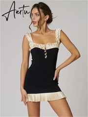 Summer Patchwork Ruffles Spaghetti Strap Mini Dress Chic Sleeveless Ruched Buttons Outfit Vintage Y2K Outfits Aiertu