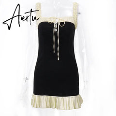 Summer Patchwork Ruffles Spaghetti Strap Mini Dress Chic Sleeveless Ruched Buttons Outfit Vintage Y2K Outfits Aiertu