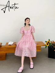 Summer Pink Elegant Sweet Dress Women Kawaii Casual Korean Princess Dress Female Princess Beach Fairy Dress Aiertu