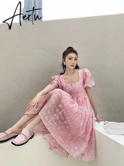 Summer Pink Elegant Sweet Dress Women Kawaii Casual Korean Princess Dress Female Princess Beach Fairy Dress Aiertu