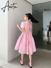 Summer Pink Elegant Sweet Dress Women Kawaii Casual Korean Princess Dress Female Princess Beach Fairy Dress Aiertu