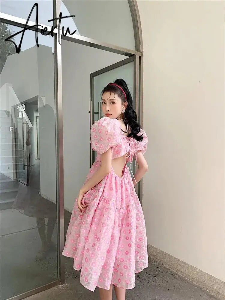 Summer Pink Elegant Sweet Dress Women Kawaii Casual Korean Princess Dress Female Princess Beach Fairy Dress Aiertu