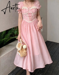 Summer Pink Vintage France Fairy Dress Lace Elegant Evening Party Midi Dress Women Puff Sleeve Korean Style Sweet Dress New Aiertu